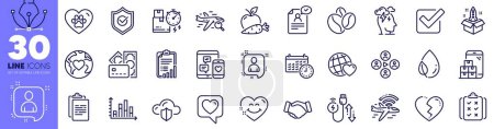 Illustration for Calendar, Smile face and Apple carrot line icons pack. Broken heart, Airplane wifi, Delivery time web icon. Social media, Rule, Money pictogram. Coffee beans, Checkbox, Charging cable. Vector - Royalty Free Image