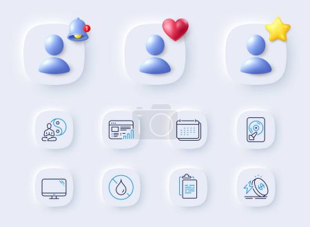 Illustration for Computer, Calendar and Clipboard line icons. Placeholder with 3d bell, star, heart. Pack of Energy price, Yoga, Hdd icon. Web report, No waterproof pictogram. For web app, printing. Vector - Royalty Free Image