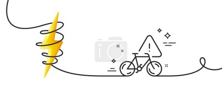Ilustración de Bicicleta icono línea de atención. Continuo una línea con rizo. Señal de transporte de bicicletas. Símbolo de advertencia Velocipede. Bicicleta de atención única cinta de contorno. Curva de bucle con energía. Vector - Imagen libre de derechos