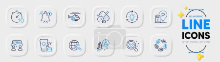 Illustration for Startup, Reminder and Charging station line icons for web app. Pack of Idea, Timer, Medical helicopter pictogram icons. Difficult stress, Sunscreen, International copyright signs. Vector - Royalty Free Image
