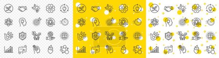 Illustration for Integrity, Target purpose and Strategy. Core values line icons. Trust handshake, social responsibility, commitment goal icons. Growth chart, innovation, core values network. Vector - Royalty Free Image