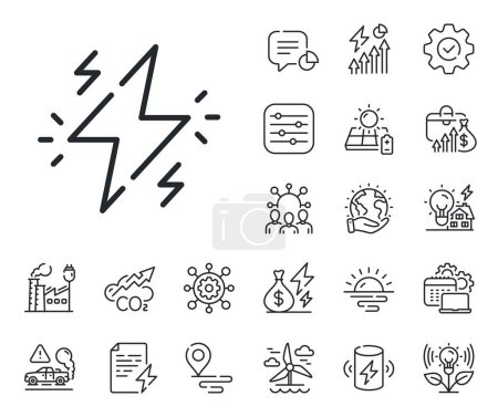 Illustration for Flash electric energy sign. Energy, Co2 exhaust and solar panel outline icons. Power line icon. Lightning bolt symbol. Power line sign. Eco electric or wind power icon. Green planet. Vector - Royalty Free Image