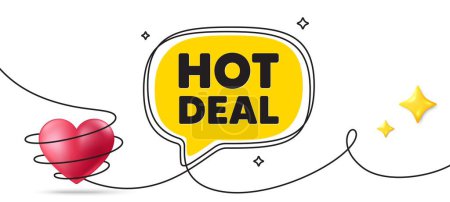 Illustration for Hot deal tag. Continuous line art banner. Special offer price sign. Advertising discounts symbol. Hot deal speech bubble background. Wrapped 3d heart icon. Vector - Royalty Free Image