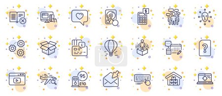 Illustration for Outline set of Wholesale goods, Card and Voting campaign line icons for web app. Include Seo laptop, Open mail, Petrol station pictogram icons. Account, Augmented reality, Air balloon signs. Vector - Royalty Free Image