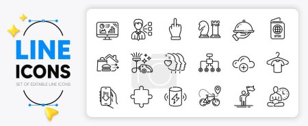 Illustration for Third party, Friends couple and Charge battery line icons set for app include Food delivery, Cloud computing, Puzzle outline thin icon. Download app, Chess, Leadership pictogram icon. Vector - Royalty Free Image