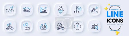 Illustration for Fishing lure, Mountain bike and Cardio training line icons for web app. Pack of Yoga, Delivery bike, Arena stadium pictogram icons. Leadership, Fish, Diploma signs. Quiz. Fish bait. Vector - Royalty Free Image