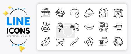Téléchargez les illustrations : La vaisselle, les calories et les icônes de la ligne de casserole bouillante réglées pour l'application comprennent la saucisse, la nourriture, le contour de l'eau recyclée icône mince. Crème glacée, Restauration, Pictogramme de couteau de table icône. Livraison de café. Vecteur - en licence libre de droit