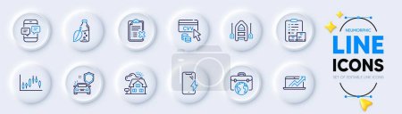 Illustration for Candlestick graph, Reject checklist and Smartphone charging line icons for web app. Pack of Boat, Realtor, Sales diagram pictogram icons. Water bottle, Businessman case, Car secure signs. Vector - Royalty Free Image