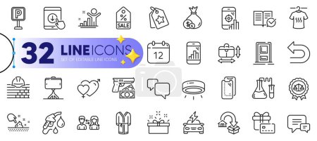 Illustration for Outline set of Undo, Entrance and Speech bubble line icons for web with Parking, Selfie stick, Annual calendar thin icon. Build, Winner, Car charging pictogram icon. Bathrobe. Vector - Royalty Free Image