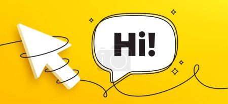 Illustration for Hi welcome tag. Continuous line chat banner. Hello invitation offer. Formal greetings message. Hi speech bubble message. Wrapped 3d cursor icon. Vector - Royalty Free Image