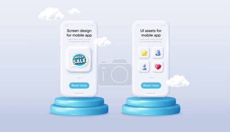 Illustration for Mega sale bubble. Phone mockup on podium. Product offer 3d pedestal. Discount banner shape. Coupon sticker icon. Background with 3d clouds. Mega sale promotion message. Vector - Royalty Free Image