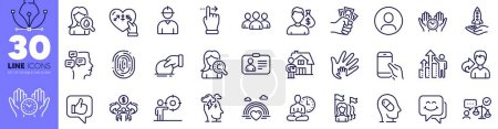 Engineer, Touchscreen gesture and Fingerprint line icons pack. Lawyer, Depression treatment, Share web icon. Fraud, Lgbt, Group pictogram. Sharing economy, Safe time, Hold smartphone. Vector