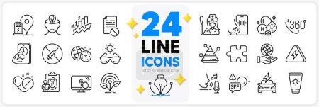 Illustration for Icons set of 360 degree, Medical pills and Car charging line icons pack for app with Mental health, Microphone, Fitness thin outline icon. Fingerprint, Wrong file, Consumption growth pictogram. Vector - Royalty Free Image