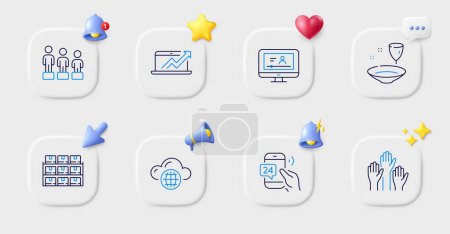 Illustration for 24h service, Sales diagram and Plate line icons. Buttons with 3d bell, chat speech, cursor. Pack of Online video, Boxes shelf, Voting hands icon. Equality, Cloud computing pictogram. Vector - Royalty Free Image