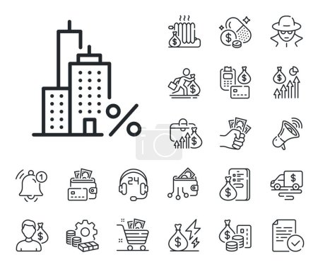Illustration for Credit tax rate sign. Cash money, loan and mortgage outline icons. Mortgage line icon. Real estate percent symbol. Mortgage line sign. Credit card, crypto wallet icon. Inflation, job salary. Vector - Royalty Free Image