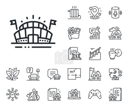 Illustration for Stadium with flags sign. Floor plan, stairs and lounge room outline icons. Sports arena line icon. Sport complex symbol. Sports arena line sign. House mortgage, sell building icon. Real estate. Vector - Royalty Free Image