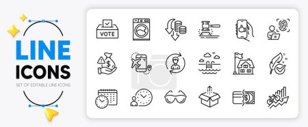 Illustration for Payment methods, Like app and Swimming pool line icons set for app include Building, Flight destination, Washing machine outline thin icon. Human resources, Send box, Deflation pictogram icon. Vector - Royalty Free Image