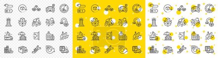 Illustration for Outline Moving service, Parking and Packing boxes line icons pack for web with Inventory, Lighthouse, Battery line icon. Escalator, Petrol station, Vip parcel pictogram icon. Fake news. Vector - Royalty Free Image