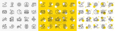 Illustration for Outline Approved, Timer and Fitness app line icons pack for web with Sports arena, Yoga, Winner star line icon. Swimming pool, Fishing, Ole chant pictogram icon. Fish, Flag, Arena stadium. Vector - Royalty Free Image
