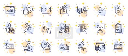 Illustration for Outline set of Loyalty star, Auction hammer and Cyber attack line icons for web app. Include Accounting checklist, Card, Online accounting pictogram icons. Travel loan, Euro currency. Vector - Royalty Free Image