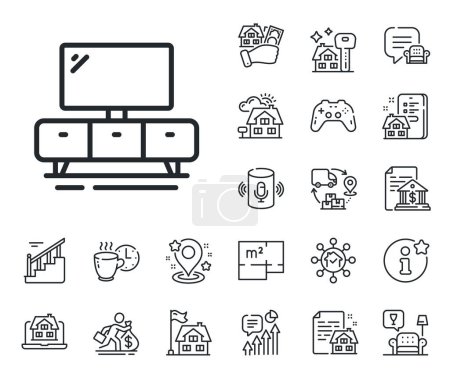 Illustration for Home furniture sign. Floor plan, stairs and lounge room outline icons. Tv stand line icon. Modern dresser symbol. Tv stand line sign. House mortgage, sell building icon. Real estate. Vector - Royalty Free Image