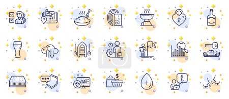 Illustration for Outline set of Boat, Employee and Opinion line icons for web app. Include Gps, Shield, Porridge pictogram icons. Mattress, Medical analytics, Search signs. Grill, Cloud sync, Sale bags. Vector - Royalty Free Image