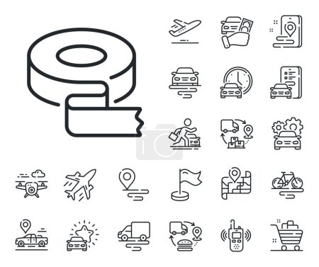 Illustration for Paper tape roll sign. Plane, supply chain and place location outline icons. Adhesive tape line icon. Repair service symbol. Adhesive tape line sign. Taxi transport, rent a bike icon. Vector - Royalty Free Image