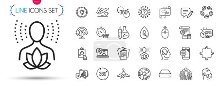 Illustration for Pack of Online quiz, Target path and Air fan line icons. Include Mini pc, Yoga balance, Swipe up pictogram icons. 360 degrees, Quick tips, Idea signs. Documents, Sick man, 5g phone. Vector - Royalty Free Image