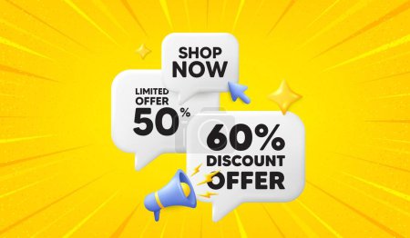 Illustration for 60 percent discount tag. 3d offer chat speech bubbles. Sale offer price sign. Special offer symbol. Discount speech bubble 3d message. Talk box megaphone banner. Vector - Royalty Free Image