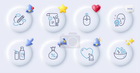 Illustration for Salad, Keywords and Milk line icons. Buttons with 3d bell, chat speech, cursor. Pack of Swipe up, Face verified, Volunteer icon. Loan, Manual doc pictogram. For web app, printing. Vector - Royalty Free Image