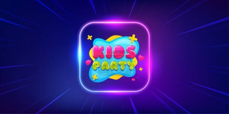 Illustration for Kids party sticker. Neon light frame offer banner. Fun playing zone banner. Children games party area icon. Kids party promo event flyer, poster. Sunburst neon coupon. Flash special deal. Vector - Royalty Free Image
