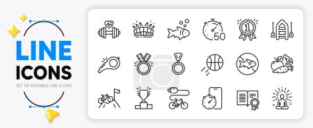 Illustration for Yoga, Winner podium and Timer line icons set for app include Honor, Vegetables, Diploma outline thin icon. Mountain bike, Stop fishing, Timer app pictogram icon. Medal, Arena stadium, Dumbbell. Vector - Royalty Free Image