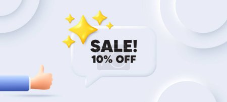 Illustration for Sale 10 percent off discount. Neumorphic background with chat speech bubble. Promotion price offer sign. Retail badge symbol. Sale speech message. Banner with like hand. Vector - Royalty Free Image