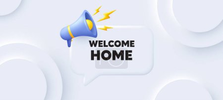 Illustration for Welcome home tag. Neumorphic 3d background with speech bubble. Home invitation offer. Hello guests message. Welcome home speech message. Banner with megaphone. Vector - Royalty Free Image