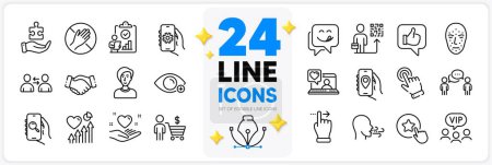 Illustration for Icons set of Dont touch, Cursor and App settings line icons pack for app with Handshake, Buyer, Yummy smile thin outline icon. Vip clients, Touchscreen gesture, Breathing exercise pictogram. Vector - Royalty Free Image