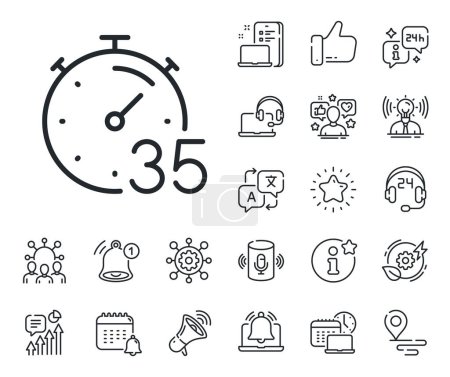 Illustration for Stopwatch time sign. Place location, technology and smart speaker outline icons. Timer 35 minutes line icon. Countdown clock symbol. Timer line sign. Influencer, brand ambassador icon. Vector - Royalty Free Image