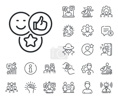 Illustration for Thumbs up sign. Specialist, doctor and job competition outline icons. Social media likes line icon. Positive smile feedback symbol. Like line sign. Avatar placeholder, spy headshot icon. Vector - Royalty Free Image