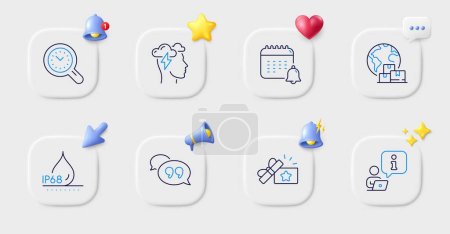 Illustration for Interview, Waterproof and International delivery line icons. Buttons with 3d bell, chat speech, cursor. Pack of Calendar, Mindfulness stress, Quote bubble icon. Vector - Royalty Free Image
