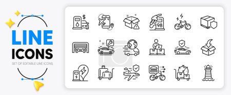 Illustration for Parking garage, Delivery warning and Flight destination line icons set for app include Delivery insurance, Luggage trolley, Charging station outline thin icon. E-bike, Moving service. Vector - Royalty Free Image