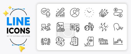 Illustration for Time, Power and Breathing exercise line icons set for app include Money transfer, Inspect, Online survey outline thin icon. Lawyer, Energy inflation, Report pictogram icon. Vector - Royalty Free Image
