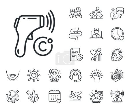 Illustration for Temperature scanner sign. Online doctor, patient and medicine outline icons. Electronic thermometer line icon. Fever measuring symbol. Electronic thermometer line sign. Vector - Royalty Free Image