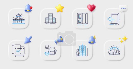 Illustration for Packing things, Open door and Circus line icons. Buttons with 3d bell, chat speech, cursor. Pack of Floor plan, Arena stadium, Agent icon. Entrance, Buildings pictogram. For web app, printing. Vector - Royalty Free Image