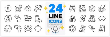 Illustration for Icons set of Hold smartphone, Orange juice and Loan percent line icons pack for app with Online voting, Eyeglasses, Uv protection thin outline icon. Eye drops, Foreman, Helping hand pictogram. Vector - Royalty Free Image