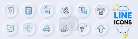 Illustration for Fireworks, Video conference and Repairman line icons for web app. Pack of Musical note, Megaphone, Canister pictogram icons. Info, Car review, Leadership signs. Calculator, Online buying. Vector - Royalty Free Image