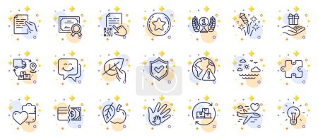 Illustration for Outline set of Laureate award, Loyalty star and Apple line icons for web app. Include Smile face, Honeymoon travel, Confirmed pictogram icons. Travel sea, Internet warning. Vector - Royalty Free Image