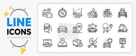 Illustration for Delivery timer, Car wash and Car travel line icons set for app include Online storage, Inventory, Parking outline thin icon. Bumper cars, Petrol station, Usa close borders pictogram icon. Vector - Royalty Free Image