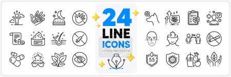 Illustration for Icons set of Leaf, Mental conundrum and Juice line icons pack for app with Veterinary clinic, Face recognition, Fair trade thin outline icon. Best glasses, Capsule pill. Design with 3d stars. Vector - Royalty Free Image