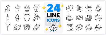 Illustration for Icons set of Apple carrot, Restaurant app and Water drop line icons pack for app with Juice, Pistachio nut, Ice cream thin outline icon. Pizza, Mint leaves, Food app pictogram. Vector - Royalty Free Image