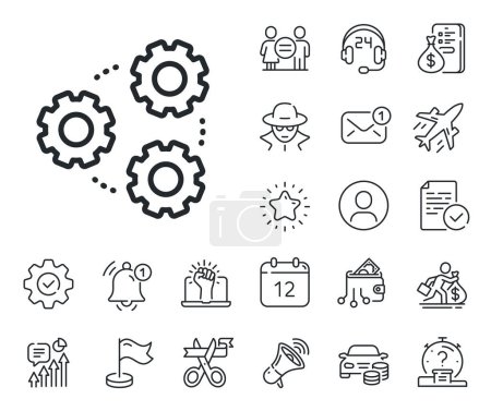 Illustration for Teamwork cogwheel sign. Salaryman, gender equality and alert bell outline icons. Gears line icon. Working process symbol. Gears line sign. Spy or profile placeholder icon. Vector - Royalty Free Image