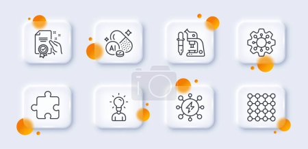 Illustration for Density, Microscope and Education line icons pack. 3d glass buttons with blurred circles. Power, Puzzle, Execute web icon. Certificate, Aluminium mineral pictogram. For web app, printing. Vector - Royalty Free Image